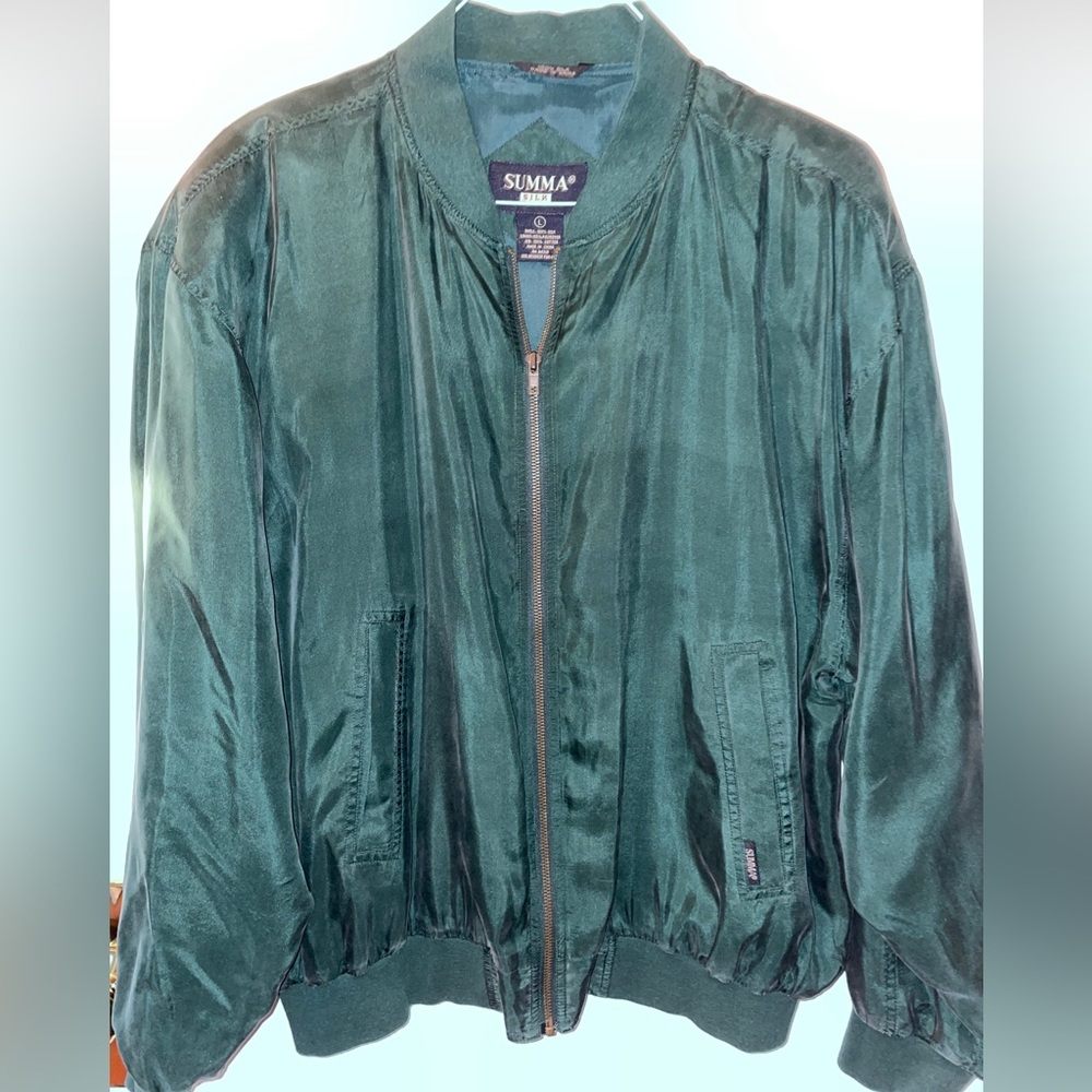 Vintage Silk Bomber Dark Green Jacket, Pockets Mens Large -Excellent Clean Cond.